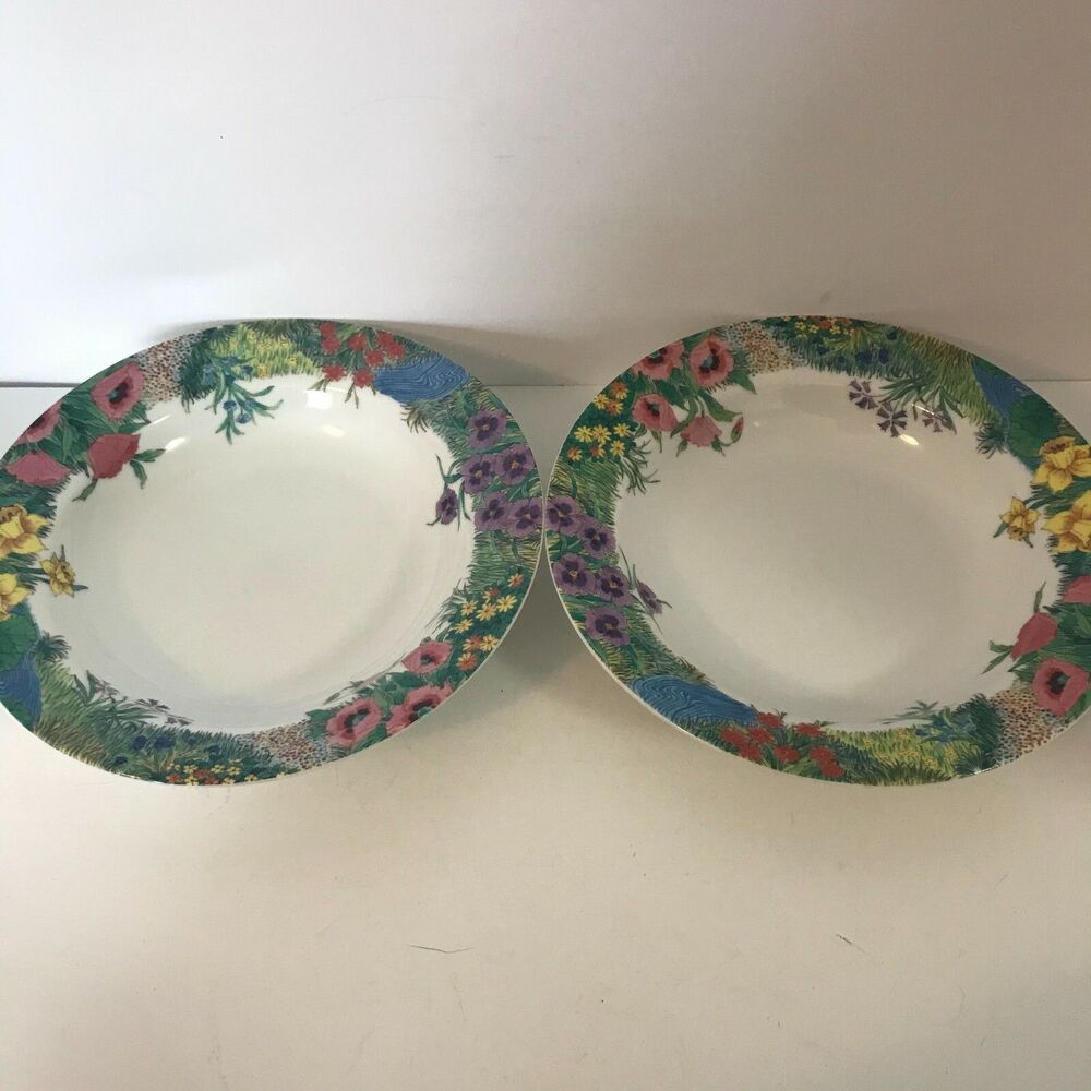 2 Nikko Fine China "Secret Garden" Davir 8" Soup Salad Cereal Bowl Floral Rim